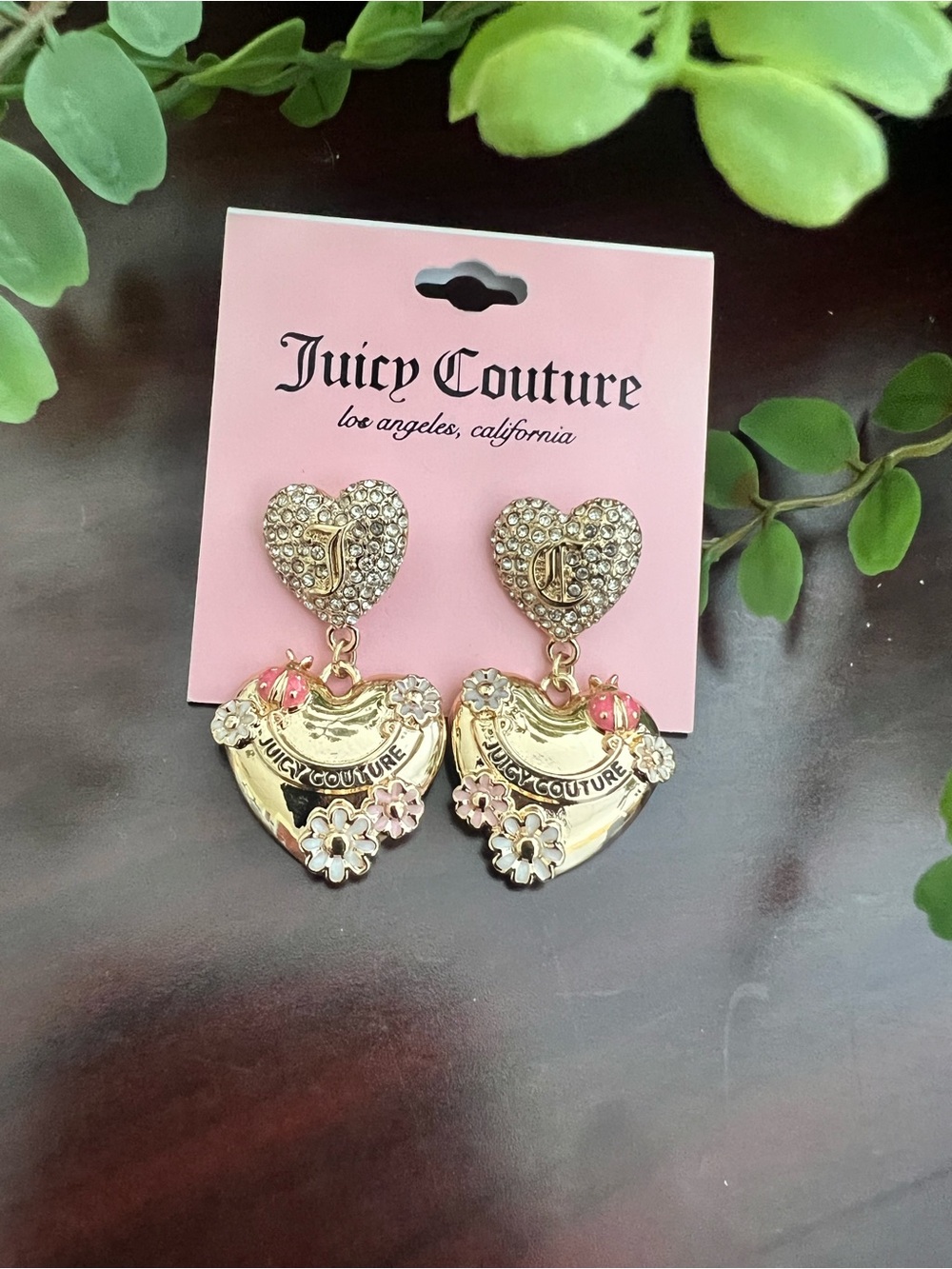 Juicy Couture Gold Heart Drop Earrings with Pink & White Floral Accents